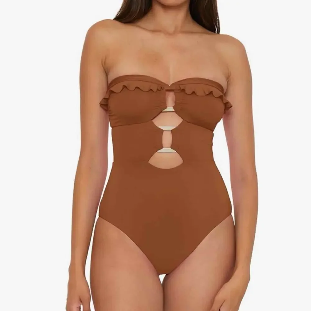 Soluna Swim Standard Buckle Up One Piece Bandeau Swimsuit Large Bronze